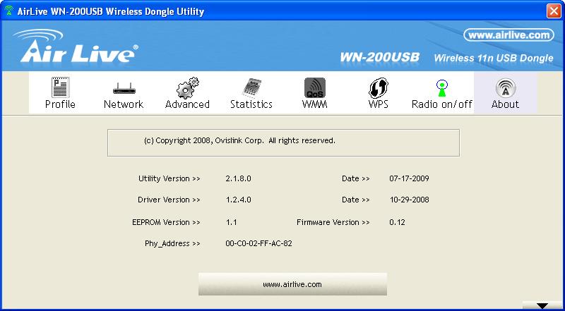 3. Configuration of WN-200USB 3.2.9 Radio on/off Button Yu can turn the radio signal on/off by clicking this button. The radio signal is on.