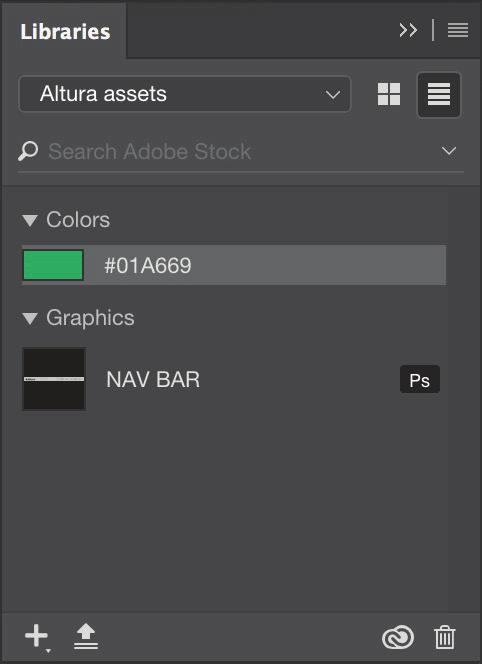 The chosen color appears in the color picker swatch at the bottom of the Tools panel. Click the Add Content button (+) at the bottom of the Libraries panel.