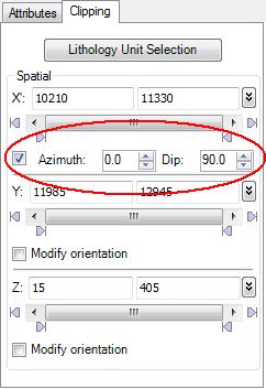 3. For the X (Y and/or Z) axes, check the Modify orientation checkbox. The Azimuth and Dip parameters are enabled. 4.