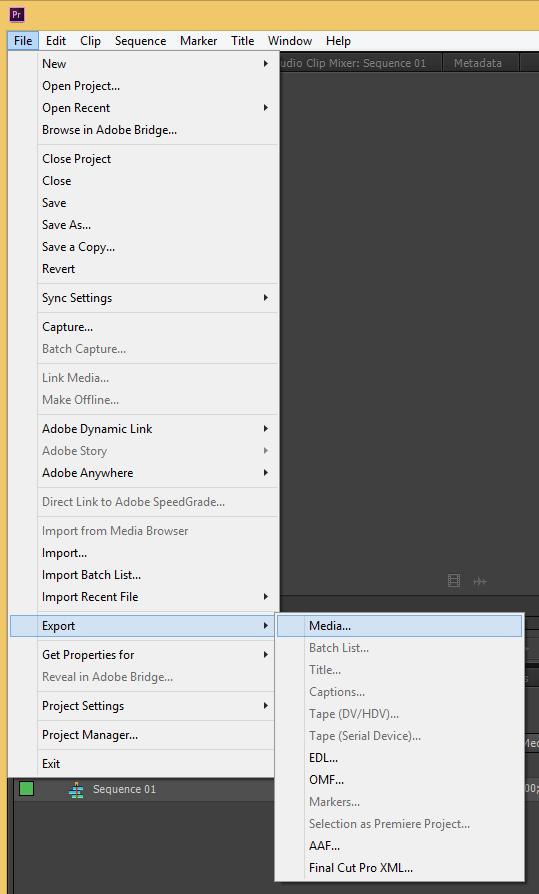 6.2. Exporting CLP files 6.2.1. Premiere Pro operations While the sequence you want to export is selected in Premiere Pro, select [Export] - [Media] in the [File] menu.
