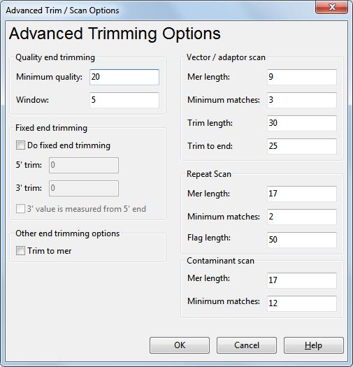 Quality End Trimming Settings: Minimum quality The minimum averaged quality score of the evaluated window that is required in order to be considered low-quality.