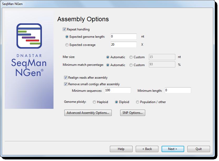 Assembly Options (De Novo, Special Templated) The Assembly Options dialog allows you to specify the parameters to use for your assembly.