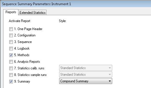 6 Create a Calibration Method 3 Select the Setup button to display the Sequence Summary Parameters dialog with the Reports tab selected. 4 Items 5 and 9 are selected. Select item 9.