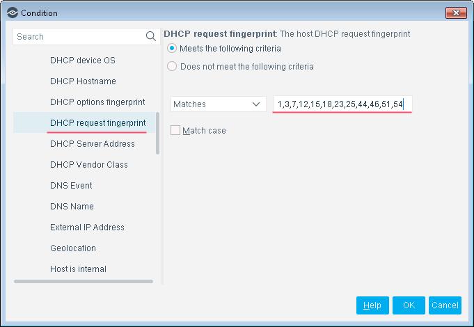 2. The new condition matches the DHCP request fingerprint of the printer. All devices with this DHCP request fingerprint are classified as printers.