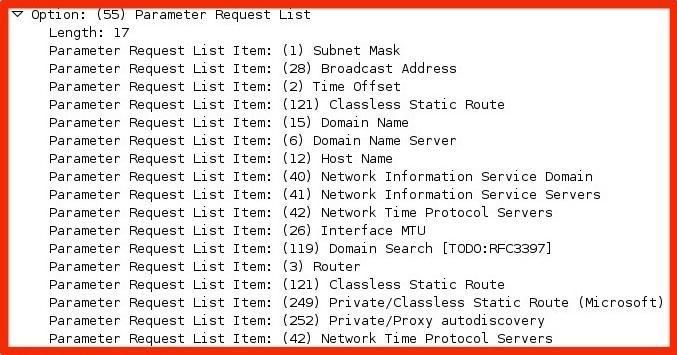 DHCP Fingerprinting Option 55: Parameter Request List 1, 28, 2,