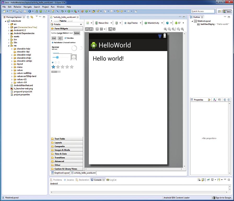 36 Chapter 3 Using Eclipse for Android Development Figure 3.3 Eclipse with the newly created Hello World project. The left side of the IDE shows the Package Explorer.