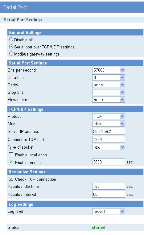 General Settings Serial port over TCP/UDP settings Serial port settings Bits per second: 57600 Data bits: 8 Parity: none Stop bits: 1 Flow control: none Figure 126 GWR-HS settings for Serial-to-IP