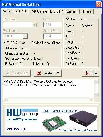 Figure 127- Virtual COM port application In Virtual Serial Port tab settings should be following: Figure 128 Settings for virtual COM port IP address: - (not used in server mode) Port:
