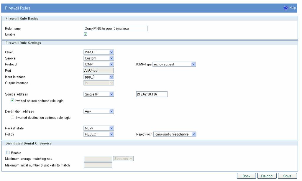 Figure 132 Filtering of ICMP traffic After configuration is finished SAVE button should be selected and user is returned to main configuration page.