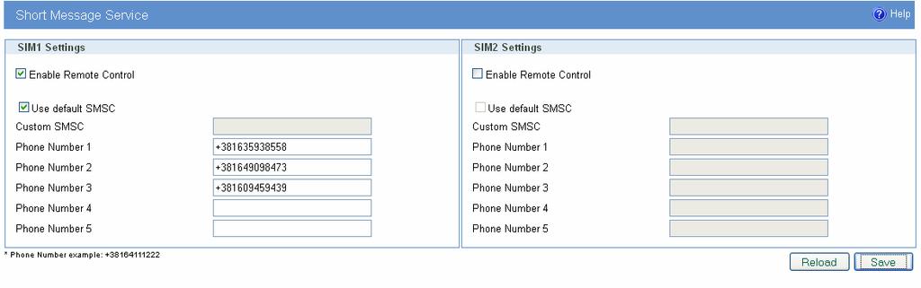 router with status report sent back to the sender. On the picture below are settings for SMS management where three mobile phone numbers are allowed to send commands to the router over first SIM card.