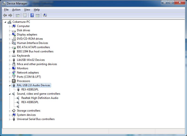 (11) Open Device Manager Window and check "RAL USB 2.0 Audio Devices". Audio Devices REX-KEB02iPL' will be shown up.