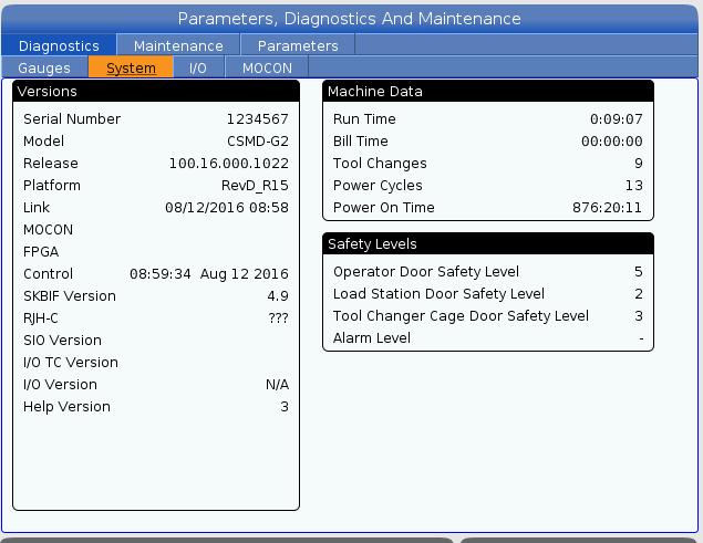 The [DIAGNOSTICS] key is primarily used by service technicians. Highlighting the Parameters Tab shows which options have been purchased.