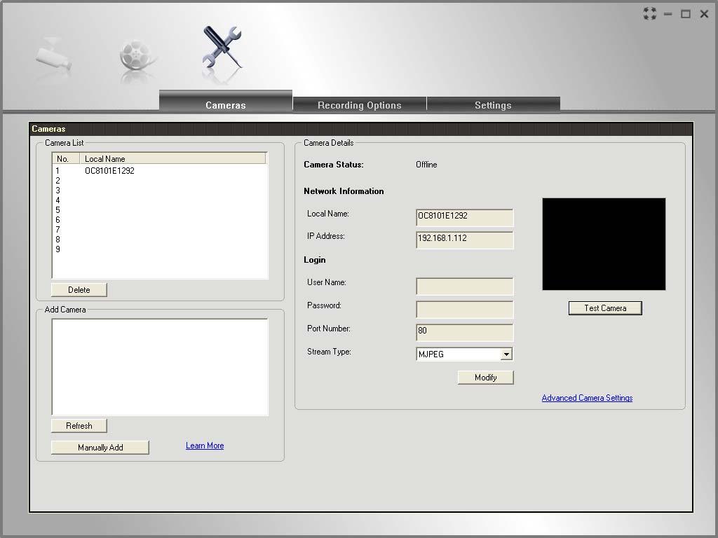 Camera Setup To define a camera and associate it with a Channel Number: 1. Click the Setup icon on the main screen. You will see a screen like the example below. Figure 50: Cameras Setup Screen 2.