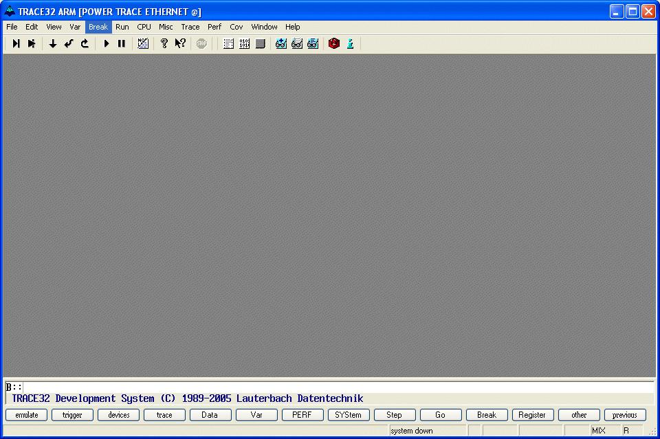 Main Window of TRACE32 After starting TRACE32 the main window of the debugger is presented: Main menu bar Tool bar Window title