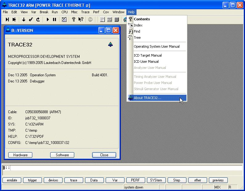 About TRACE32 The About TRACE32 command in the Help menu provides version information for all parts of TRACE32- ICD.