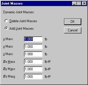 Joint Mass If you are performing a dynamic analysis using Multiframe4D, you may wish to add additional masses to the structure to simulate the effects of equipment or construction loading which will