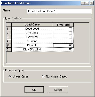 Type in a name for the load case (or leave the default name if you wish) Select load cases the load cases to be enveloped Select the results to be enveloped, either Linear or Nonlinear.