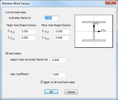 orientation of the section to the wind is displayed. The Wind force is resolved into local member loads. Thus major and minor axis loads are applied in the directions shown in the dialog.