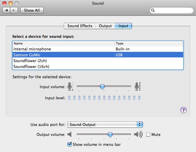 In the Sound control panel select the INPUT tab and make sure that the microphone you want to use for the recording is selected.