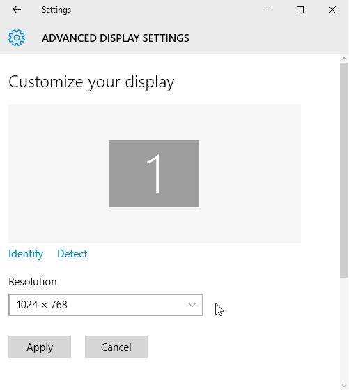 5 In the Advanced Display settings, select 1024x768 in the Resolution menu and