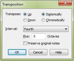 TRANSPOSING A. To transpose 1 With the Selection tool, select a region of music. 2 From the Utilities menu, choose Transpose. 3 Select the interval from the Interval dropdown menu. 4 Click OK. B.