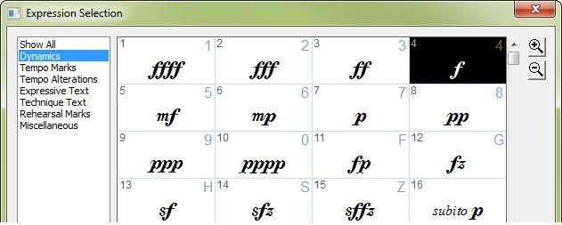 To add expressions Six types of markings are added as expressions, organized into the following categories: Dynamics (, subito p) Expressive Text (dim.
