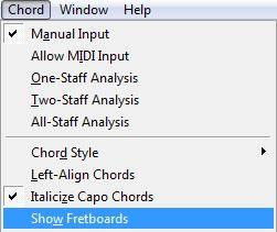 B. To type in chord symbols 1 Choose the Chord tool. 2 From the Chord menu, choose Manual Input. 3 Click above a staff to display the cursor. 4 Type the chord root and suffix. For example, Am7.