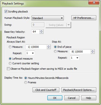 A. Playback Controls PLAYBACK The Playback Controls give you standard buttons for controlling the playback of your score. Click to start playback. Click to open the Playback Settings dialog box.