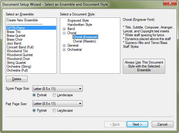 A. To create a new document GETTING STARTED Finale s Document Setup Wizard is usually the fastest way to begin a new score.