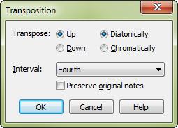 TRANSPOSING A. To transpose 1 With the Selection tool, select a region of music. 2 From the Utilities menu, choose Transpose. 3 Select the interval from the Interval dropdown menu. 4 Click OK. B.