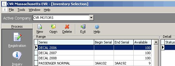 CVR Massachusetts EVR Online User's Guide Adding Inventory Whenever a new inventory batch is received from RMV, the inventory information must be entered into your MA EVR workstation before it can be