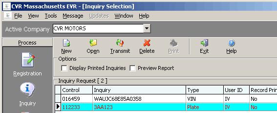 Performing an Inquiry Inquiry Selection The Inquiry feature allows you to verify information about vehicles purchased and traded-in, owner and registration information for plates being transferred.