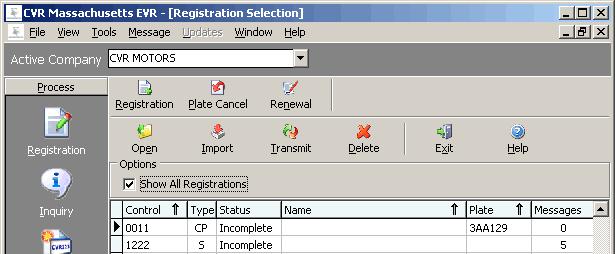 CVR Massachusetts EVR Online User's Guide Registration Selection Window All registrations are created through the Registration Selection window.