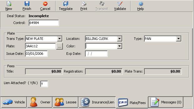 CVR Massachusetts EVR Online User's Guide Plate/Fees Page The Plate/Fees page reflects the Type of Registration, and is used to record information such as plate type and issue date.