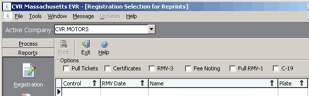CVR Massachusetts EVR Online User's Guide Registration Reprints Selection The Registration Reprints window allows you to reprint several registration forms, including pull tickets and registration