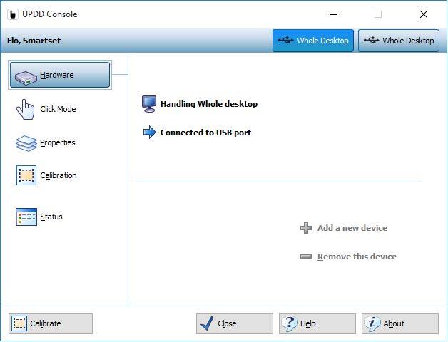 Software description 3.6 Universal Pointing Device Driver (UPDD) 4. Open the "UPDD Console" dialog. 5. Click the "Hardware" tab. 6. Click "Handling Whole desktop".