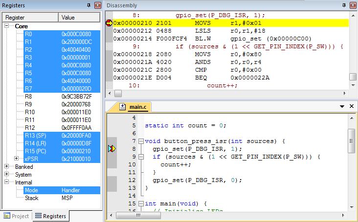 Use Debugger for Detailed Processor View Can see registers, stack, source code, disassembly (object code) Note: Compiler may