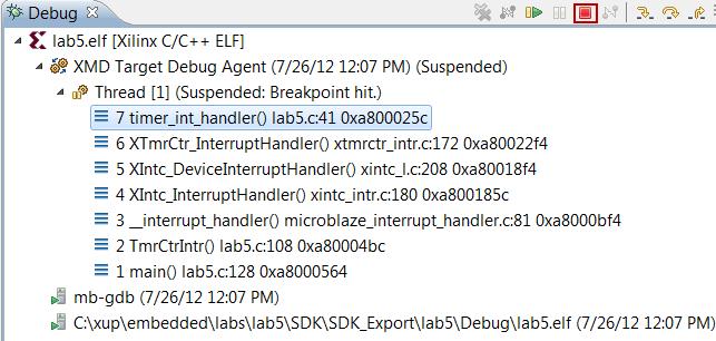 Close the SDK application and close the XPS project Conclusion This lab led you through adding an AXI timer and interrupt controller, and assigning an interrupt handler function to the interrupting