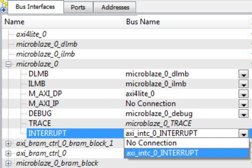 Lab Workbook 1-2-9. In Bus Interfaces tab, connect INTERRUPT (external interrupt request) port of the microblaze_0 instance to axi_intc_0_interrupt as shown below. Figure 5.