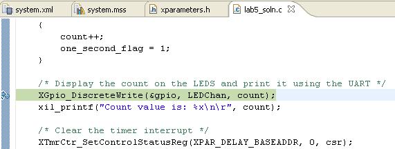 Monitor variables and memory content. ❶ Double-click to set a breakpoint on the line in lab5.c where count is written to LED Figure 5-16.