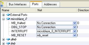 connection (see Figure 5-4) for the INTERRUPT (external interrupt request) port on the microblaze_0 instance by selecting New Connection from the drop-down box.