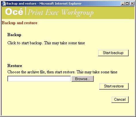 'Backup and restore' Introduction This page is available from the 'Administration' page. You need to log on as Key Operator.