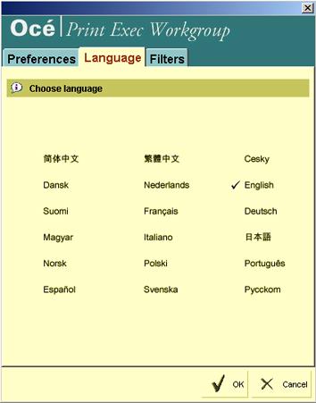 Change the language 1. On the top right of your screen, click on 'Preferences' to open the window. 2. Select the 'Language' tab. 3. Choose the language you want to apply to the application. 4.