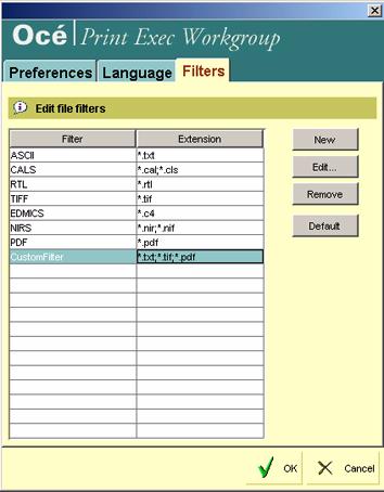 Set 'Filters' Introduction You can create and define new 'Filters' for the 'Type' list of the 'Add documents' window. You can also modify the default filters. Note: The filters are not case sensitive.