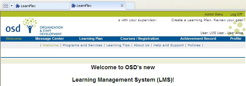 The LMS is organized using clickable headers along the top blue bar as highlighted below.