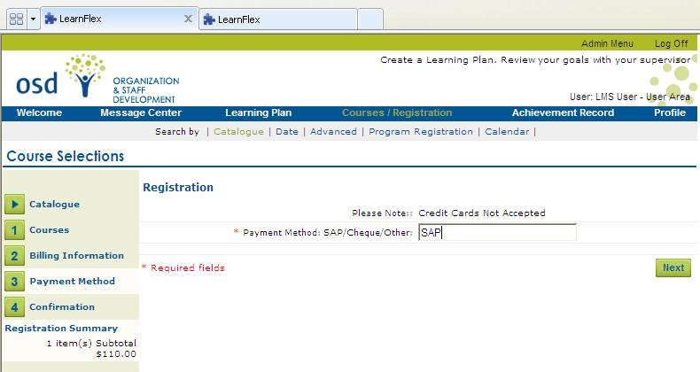 The Payment Method page requires you to indicate the method of payment.