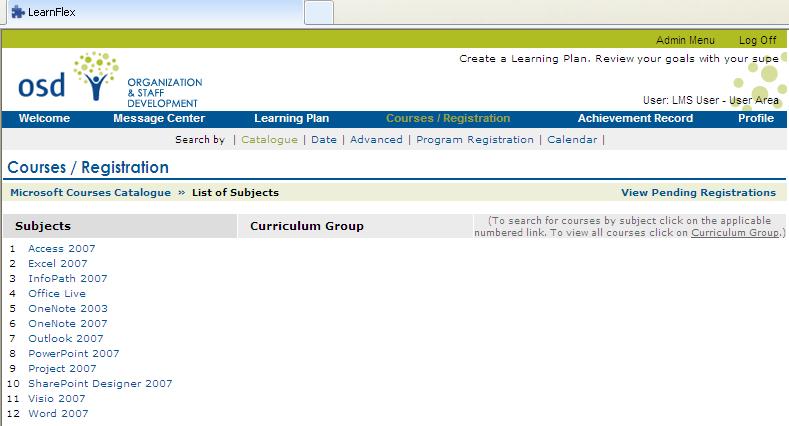 To register for an on-line course click on Microsoft Courses as indicated in red below.