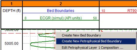 Manually with the icon using a left click of the mouse or a right mouse click and choose to Create New Petrophysical Bed Boundary at the inflection points of the log.