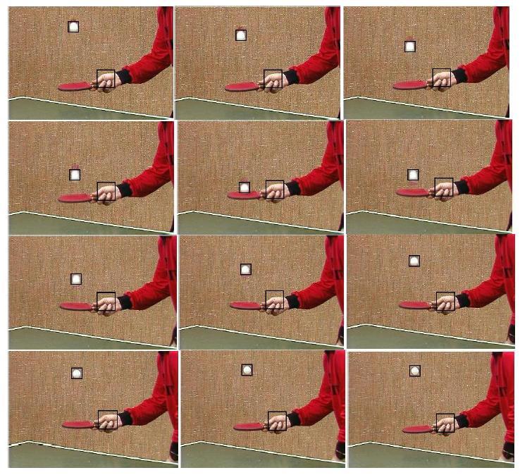 Fig.38. The objects tracked (ball, hand) images (frame 22 to 34) of tennis video sequence. TABLE.