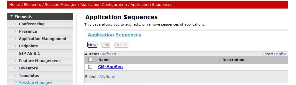 The screen below shows the Application Sequence, CM-AppSeq, defined during the compliance test.